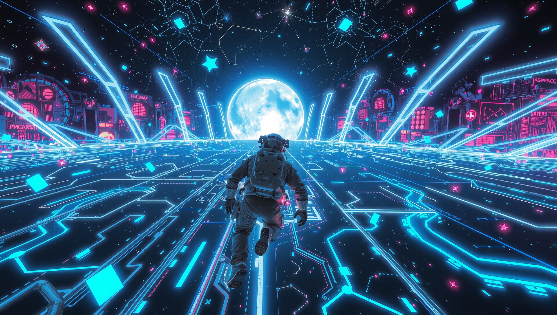 Lost astronaut in digital cosmic space representing a 404 error in Vajuq Forge's immersive mobile games universe