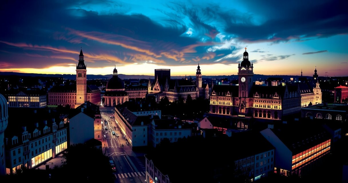 Munich skyline at dusk, showcasing modern architecture and high-tech vibe