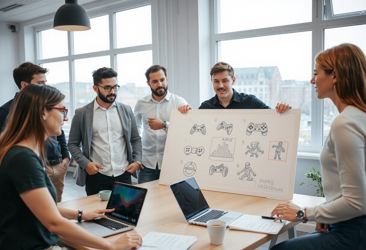 Team collaborating on game ideas in Munich studio